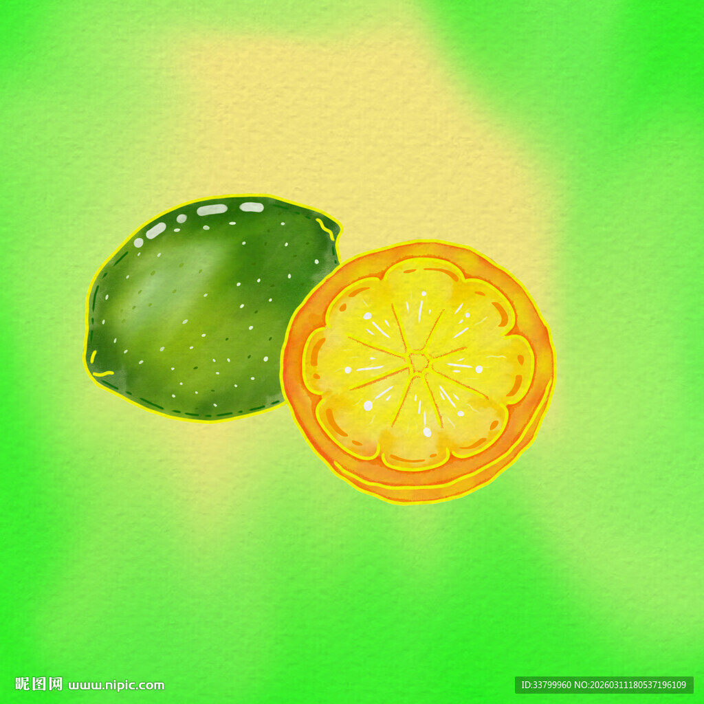 黄绿双色柠檬橙子水果切片图