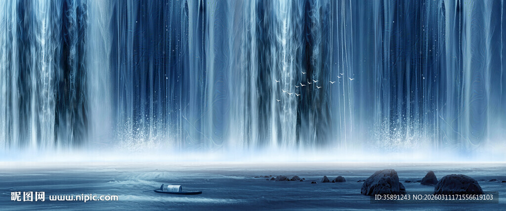 高清蓝色瀑布山水画