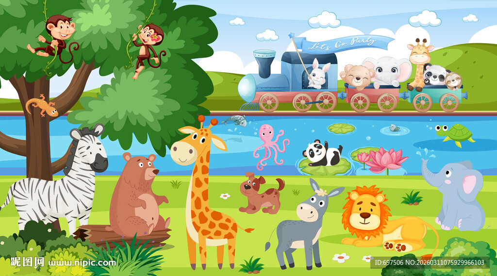 卡通森林可爱动物火车儿童背景墙