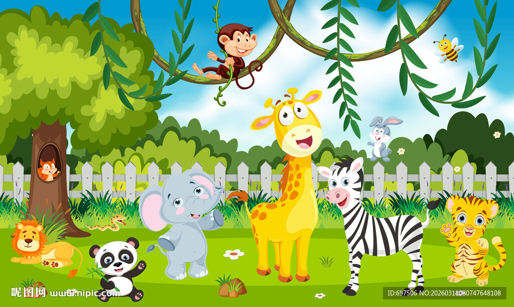 卡通丛林可爱动物乐园儿童背景墙