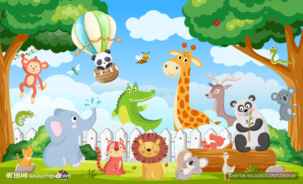 可爱动物世界卡通丛林儿童背景墙
