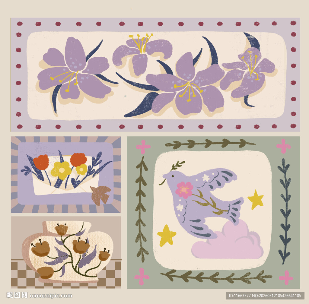 中古风花卉飞鸟装饰插画