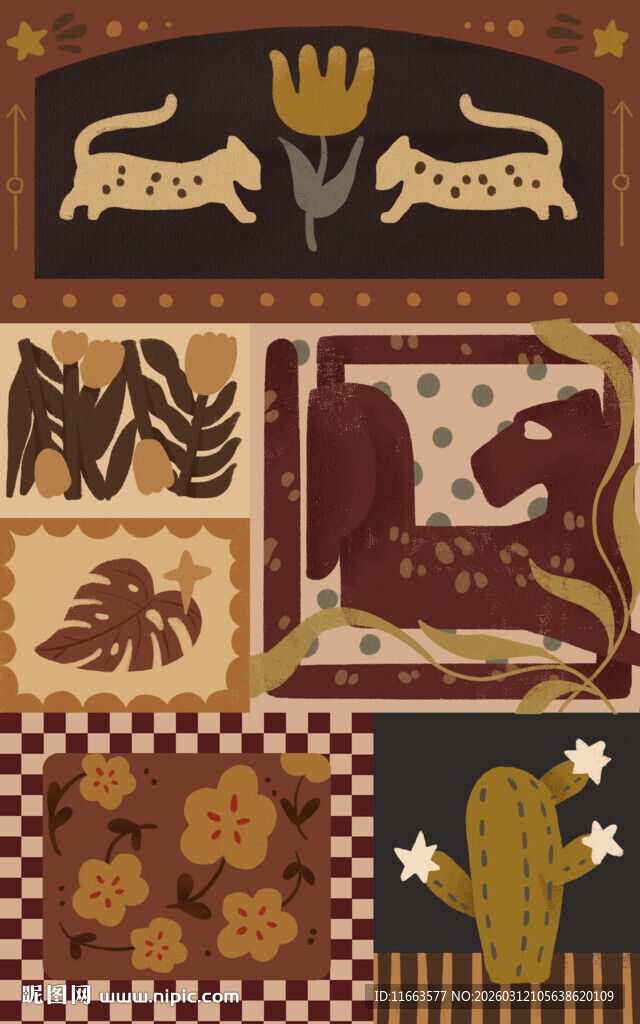 中古风复古猎豹花卉装饰插画