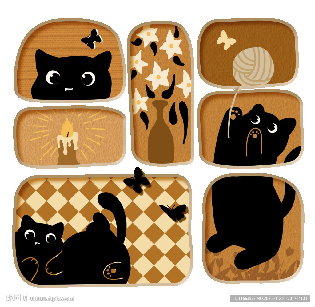 中古风可爱黑猫装饰插画