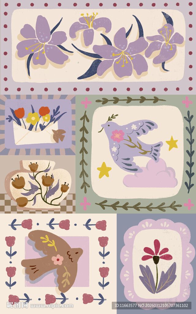 中古风花卉飞鸟治愈装饰插画