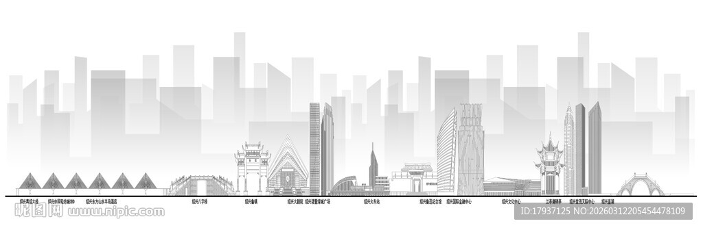 绍兴浙江城市建筑线描插画地标