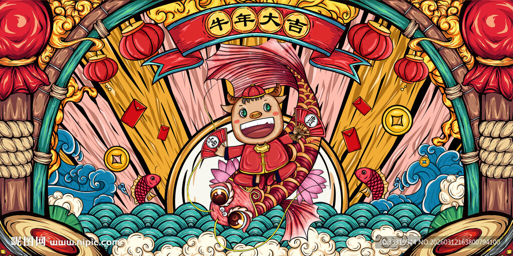 八方来财牛年喜庆插画
