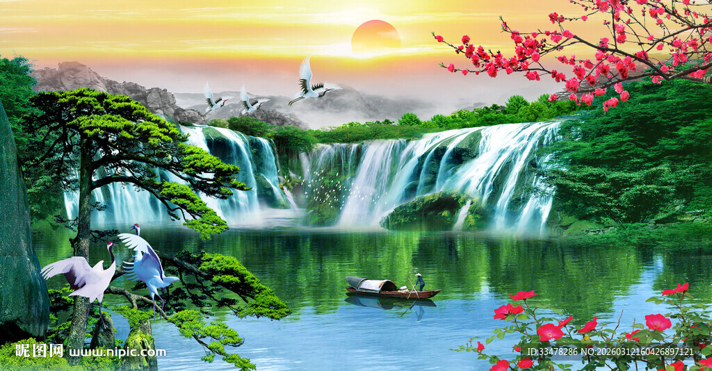 高山流水瀑布山水画