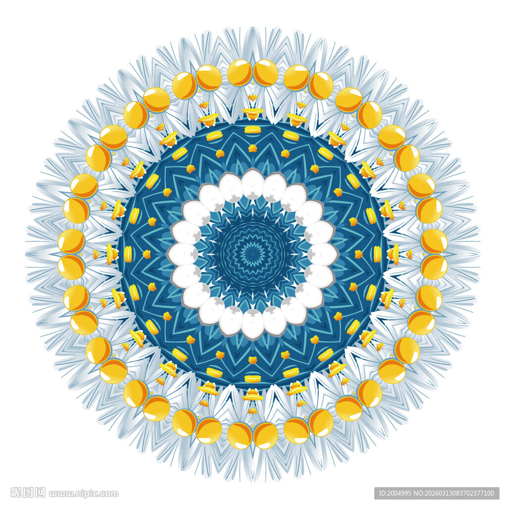 蓝黄白相间圆形曼陀罗图案