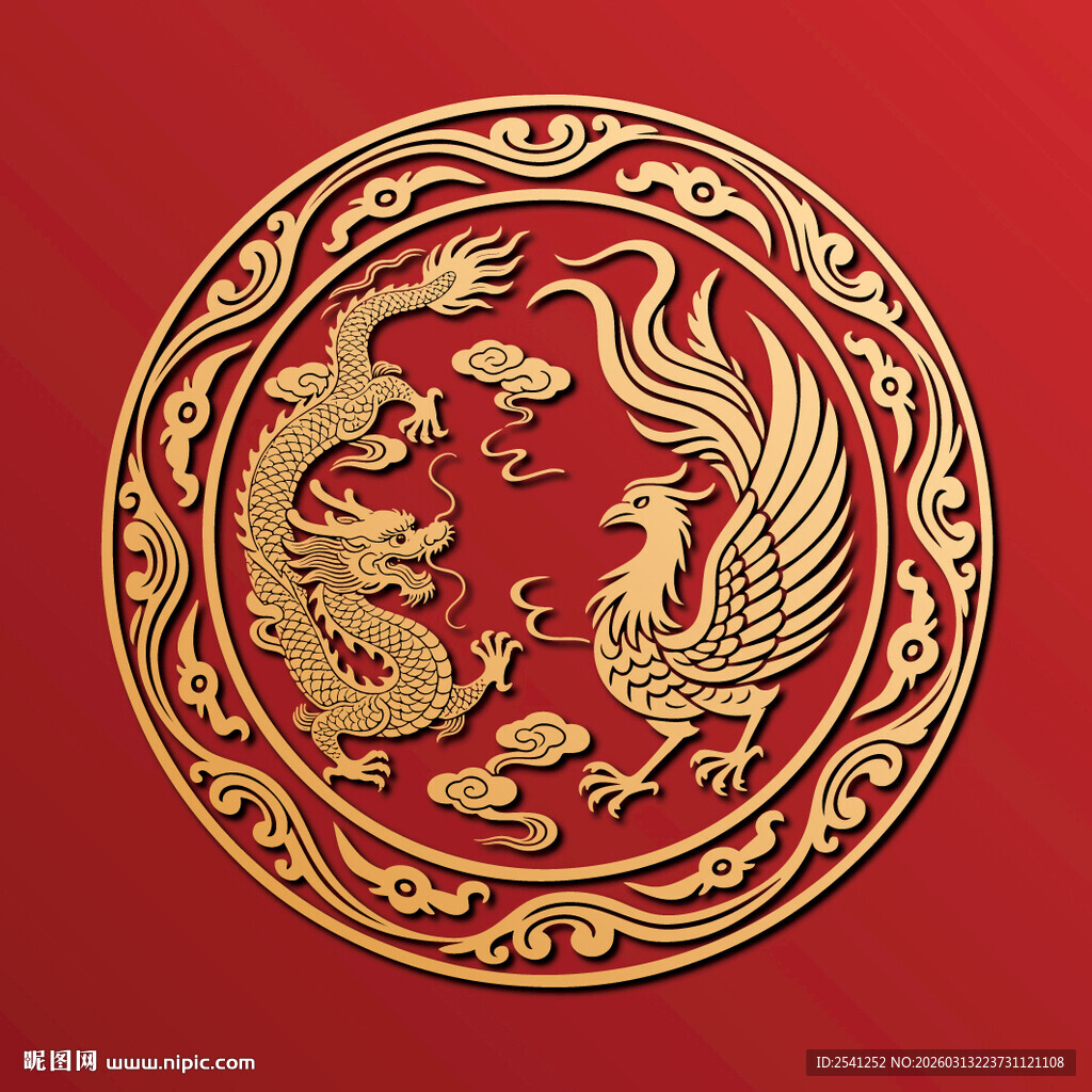 龙凤呈祥圆形金饰盘子图案贴纸