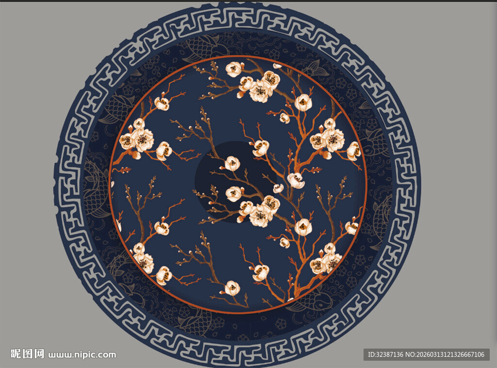 中式蓝底花卉纹圆形图案