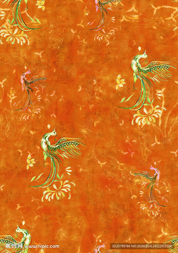 橙色底花鸟中式图案纹理