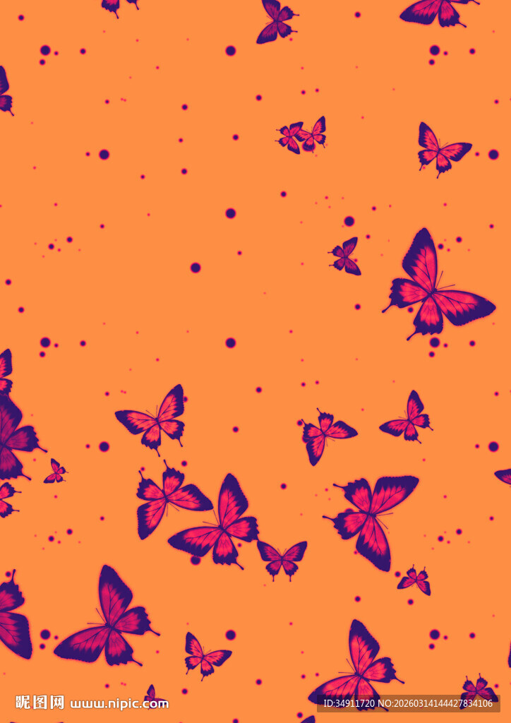 橙色背景上的缤纷蝴蝶