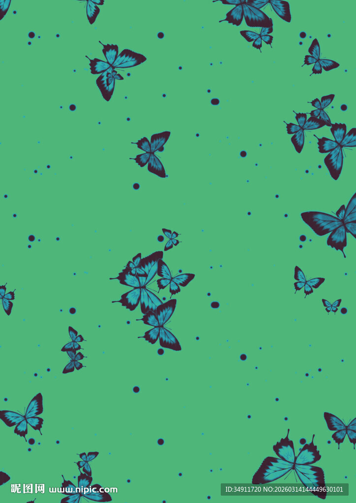 绿色背景上的蓝色蝴蝶图案