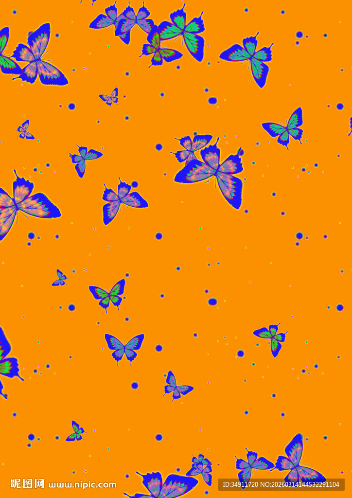 橙色背景上的多彩蝴蝶