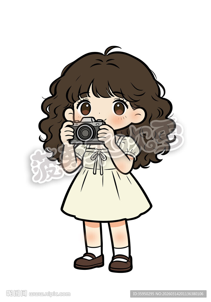 卷发女孩手持相机拍照