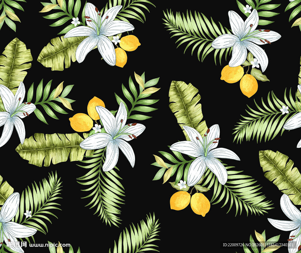 热带花卉与绿叶图案背景