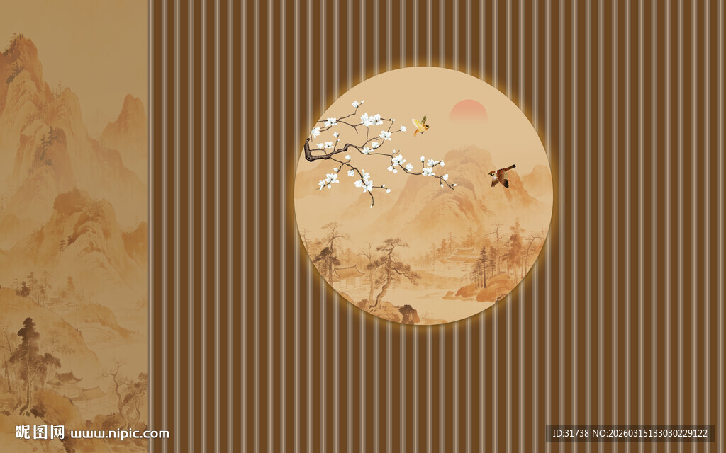 中国风古风格栅山水画幕墙背景墙