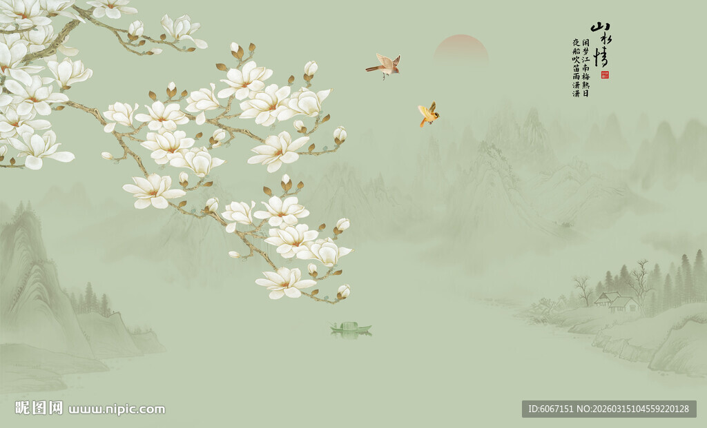 新中式工笔兰花花鸟画背景墙