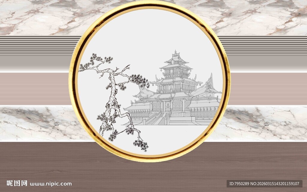 中式古典山水圆形装饰画