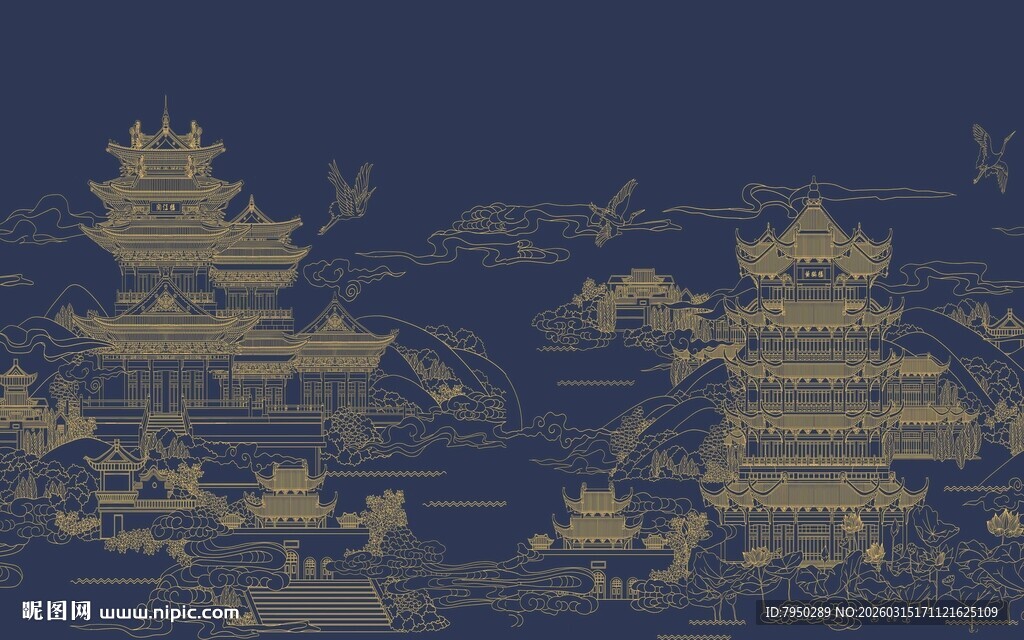 古风山水楼阁插画作品