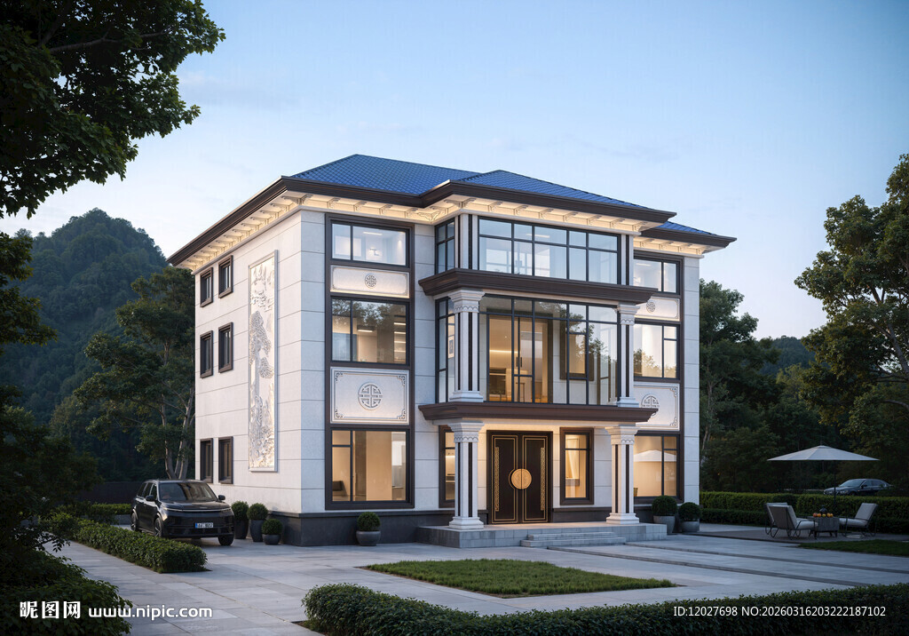 三层中式别墅外观展示效果图设计