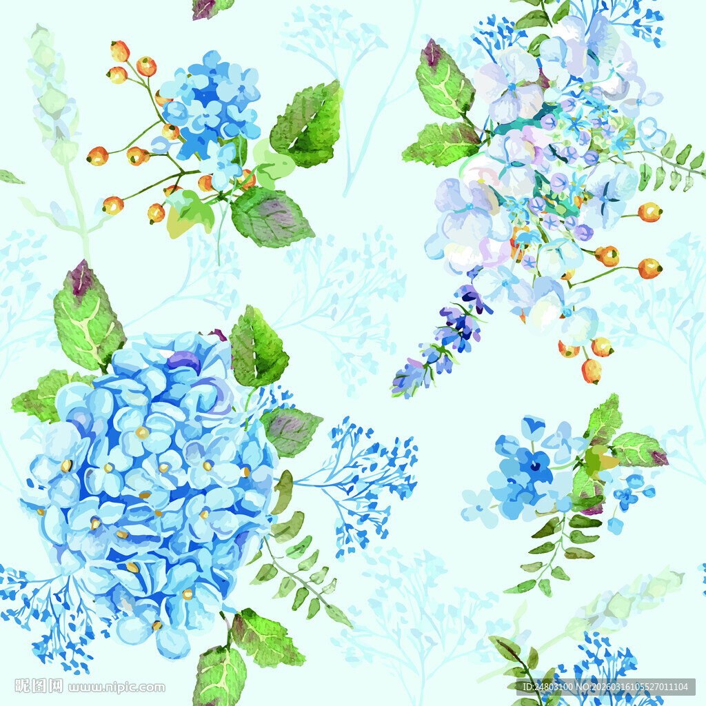 水彩绘蓝绣球花卉图案