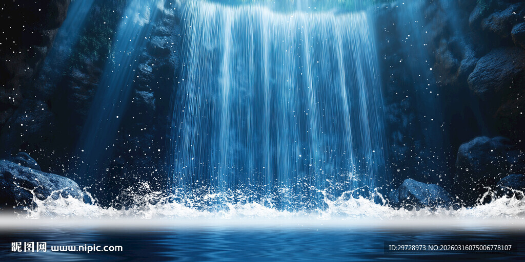 招财瀑布山水画