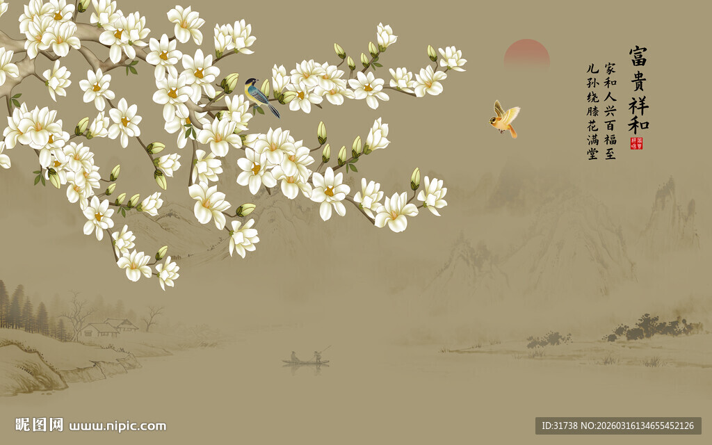 新中式工笔花鸟画电视背景墙