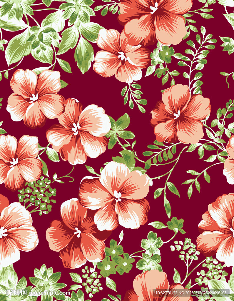 深红底花卉图案纹理