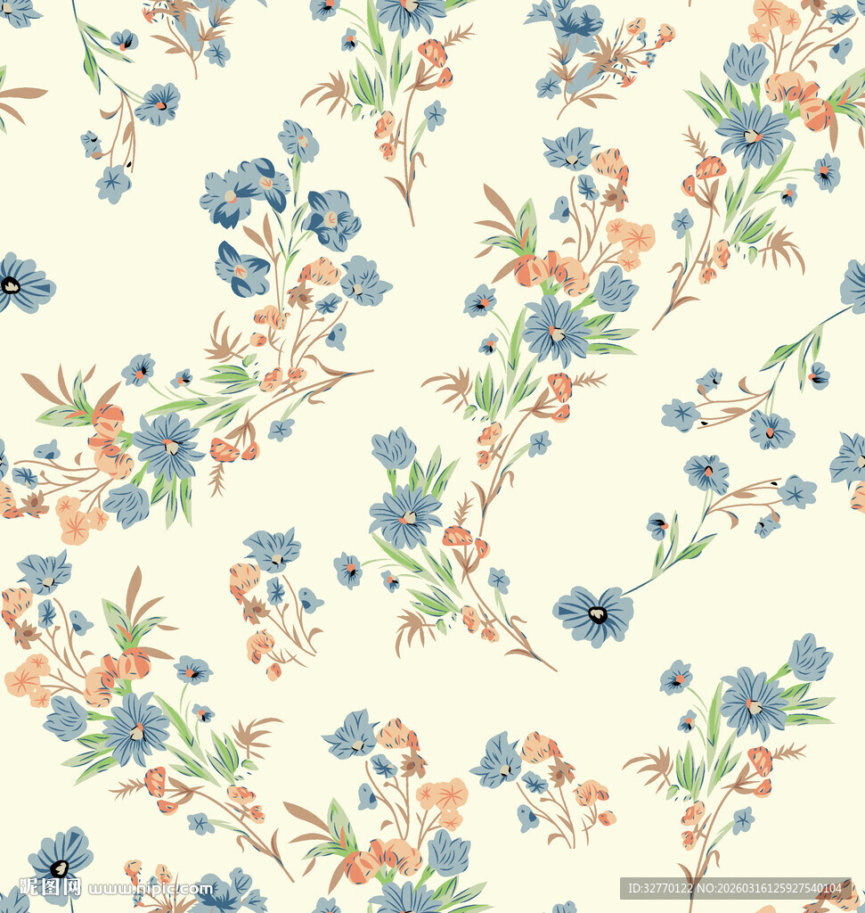 清新花卉手绘数码印花