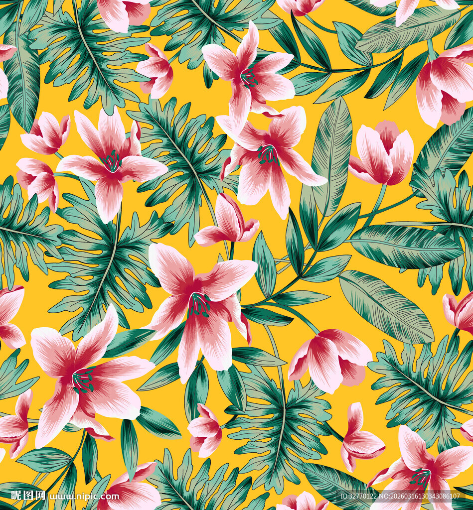 热带花卉手绘数码印花