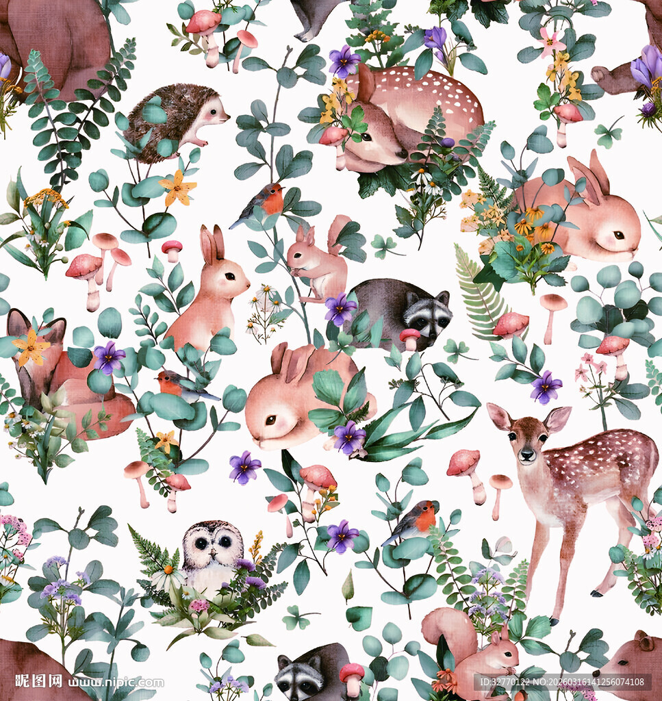 森林动物花卉图案插画