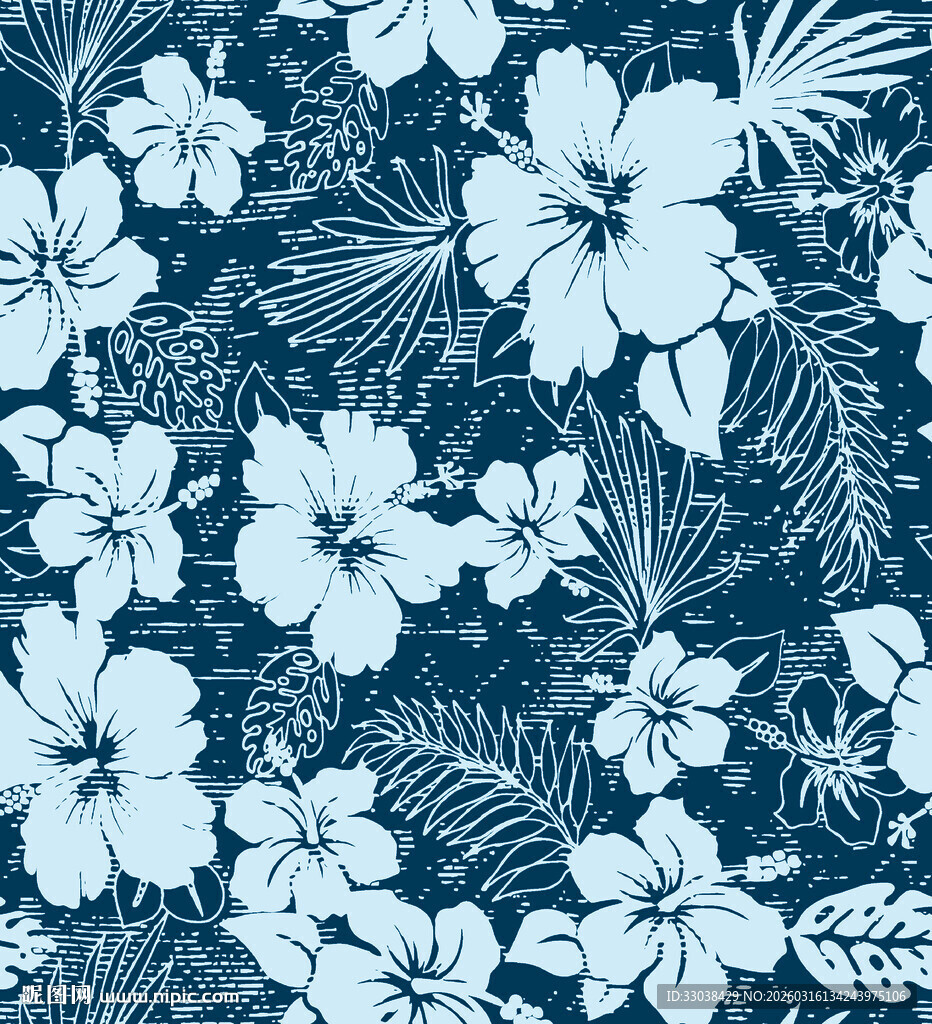 蓝底白色扶桑花植物图案