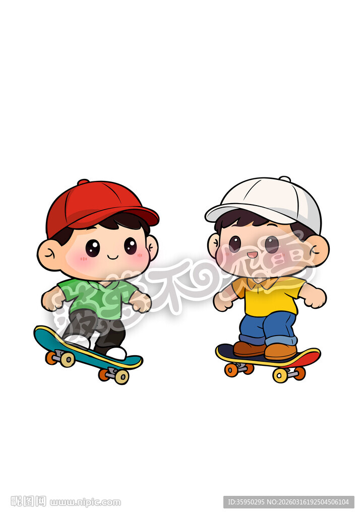 两个男孩玩滑板卡通图