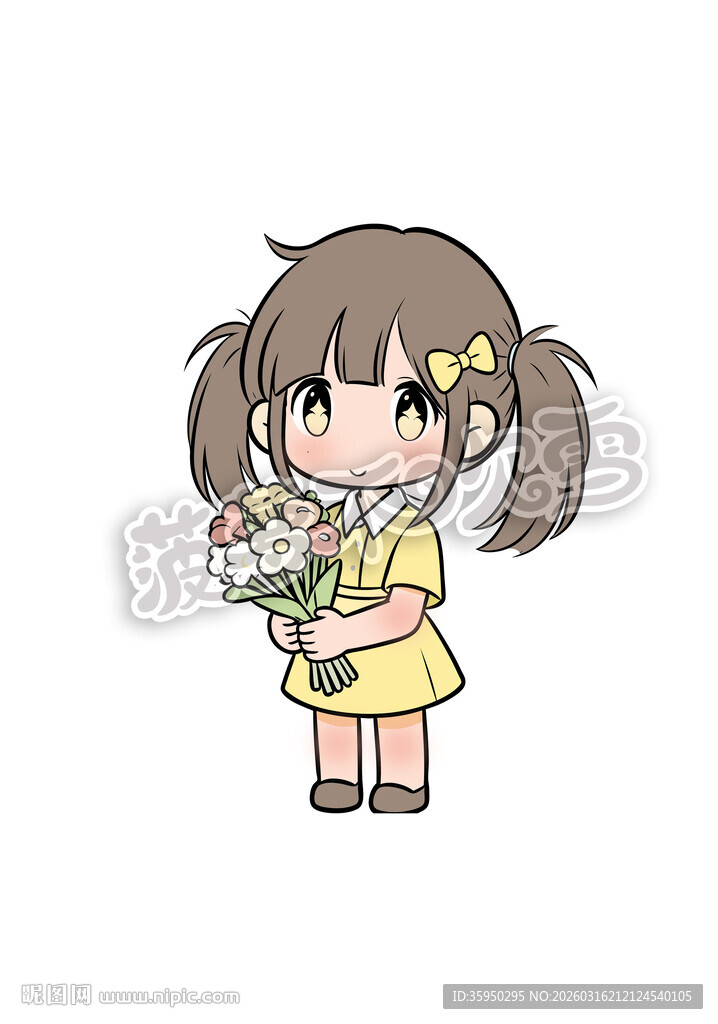 手持花束的可爱卡通女孩