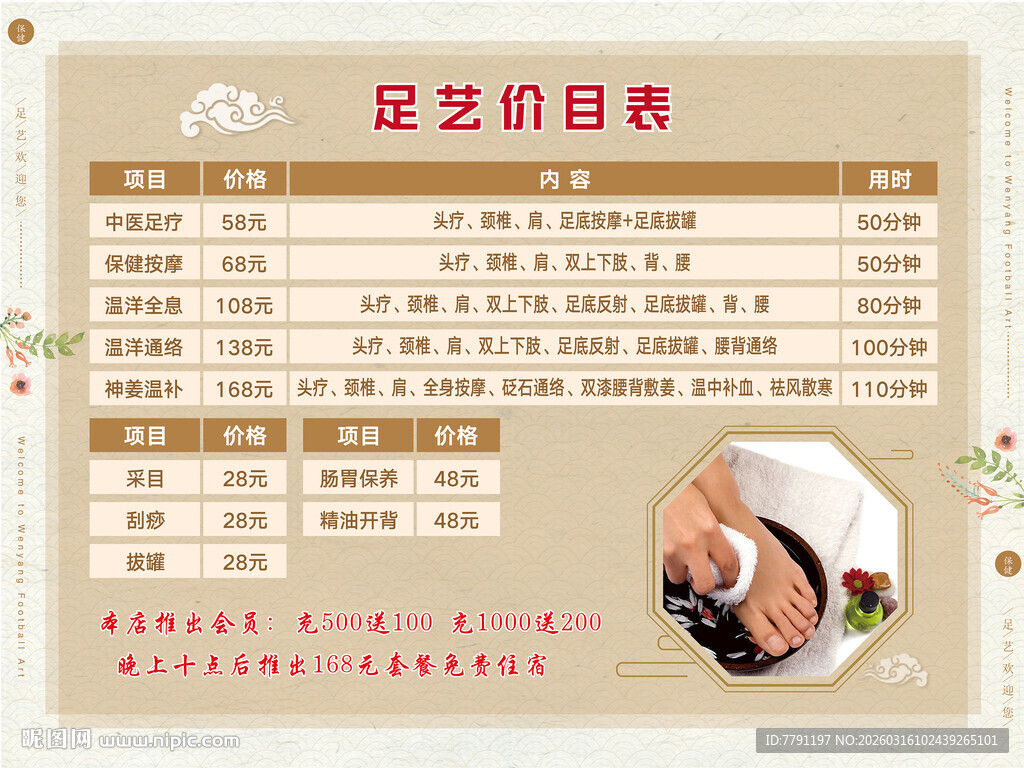 足部护理足疗价目表