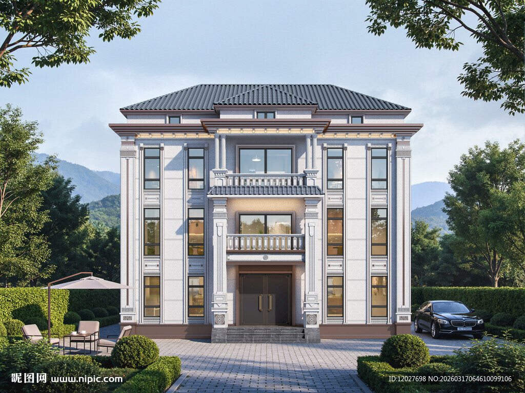 新中式三层带阁楼独栋别墅外观效