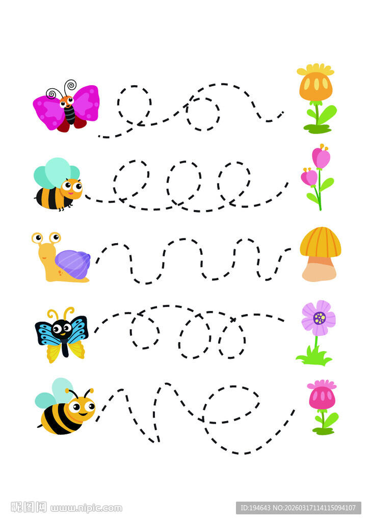 昆虫花朵趣味连线素材