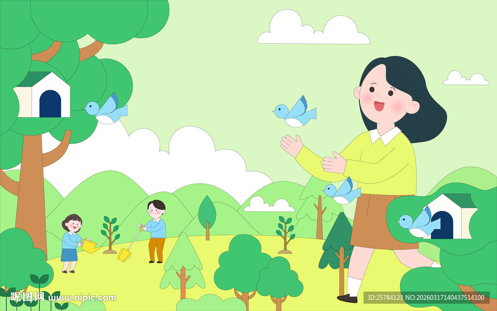 春天孩子郊游种树绿色环保插画