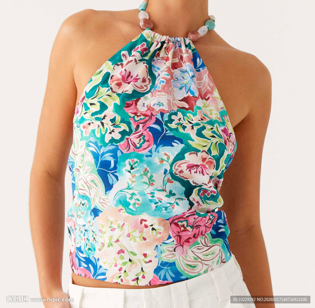 多彩印花挂脖短上衣水彩花