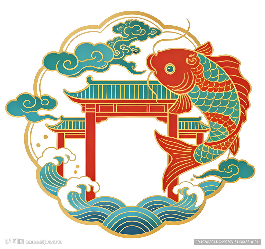 中式鲤鱼祥云牌坊插画