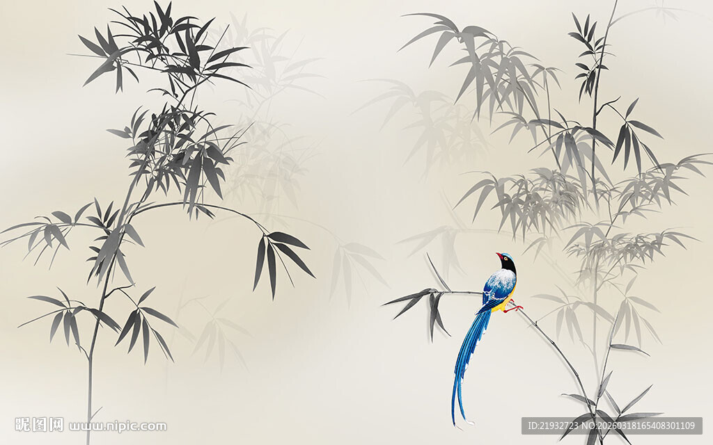 新中式水墨竹子小鸟背景墙