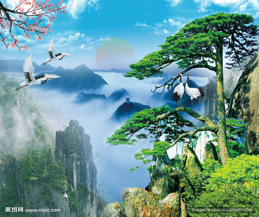 山水间的青松飞鸟美景  迎客松