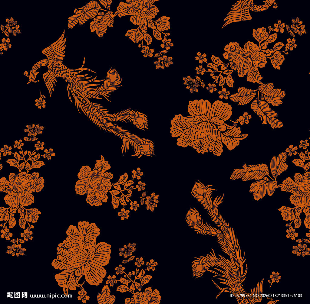 黑色底橙色花卉图案