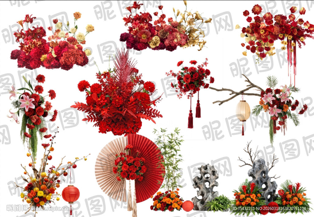中式红色节庆美陈布置花卉素材