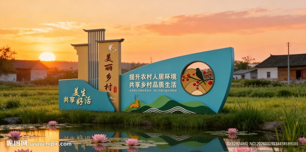 乡村湖畔的特色景观标识牌