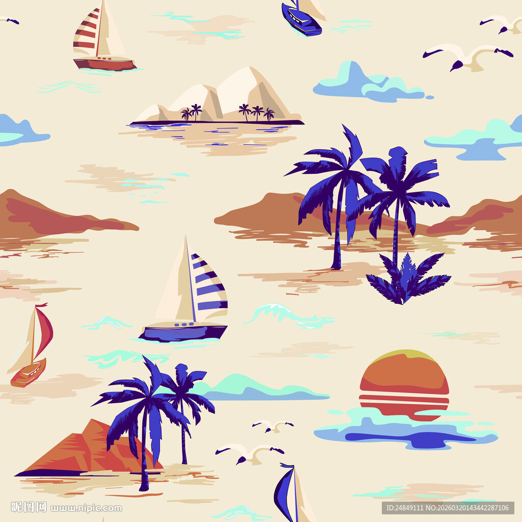 夏日海滨帆船与椰树风景