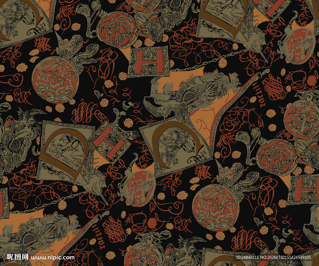 复古风花卉几何图案面料数码印花