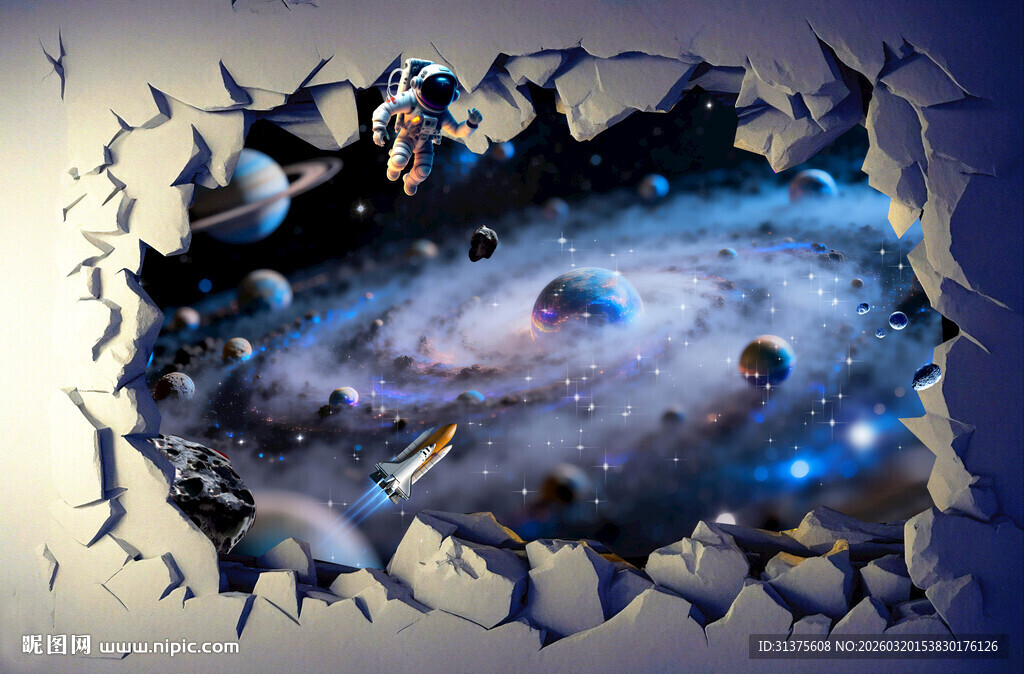 创意破洞科幻太空背景墙